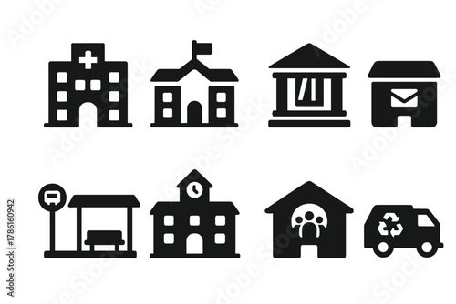 Public Service Icons. Solid style icons of Public Services: hospital, school, library, post office, bus stop, city hall, community