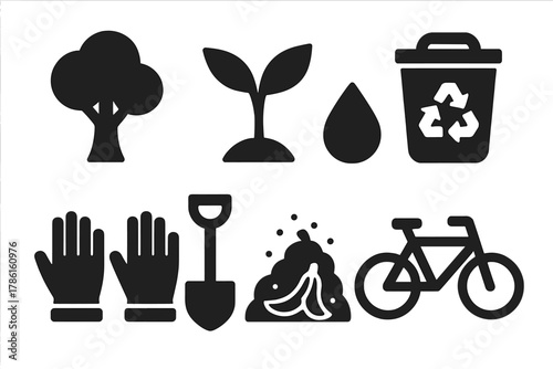 Environmental Volunteering Icons. Solid style icons of environmental volunteering: tree, sprout, water droplet, recycling bin,