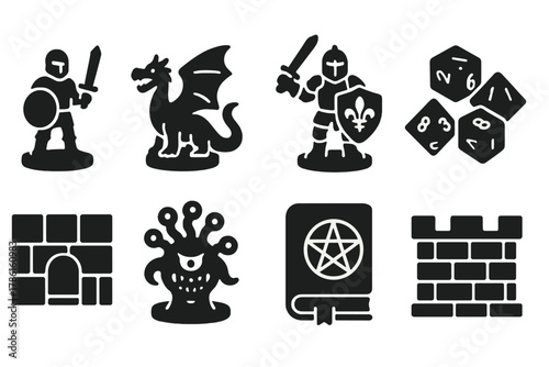 Tabletop Gaming Icons. Solid style icons of Tabletop Gaming Minis: warrior figure, dragon mini, painted knight, dice set, dungeon