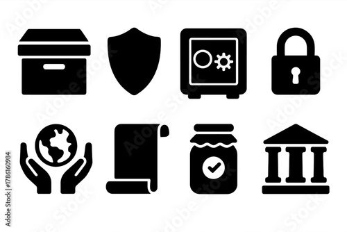 Preservation Icons. Solid style icons of preservation: archive box, shield, safe, lock, hands holding earth, scroll, sealed jar,