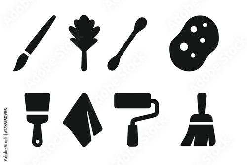 Solid Brush Icons. Solid style icons of delicate brushes: fine brush, feather duster, cotton swab, sponge, paintbrush, cloth,
