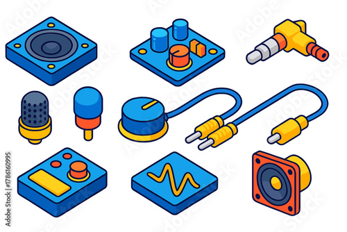 Robotics Audio Components. Isometric vector illustration set Robotics kits – speaker module, amplifier board, audio jack;