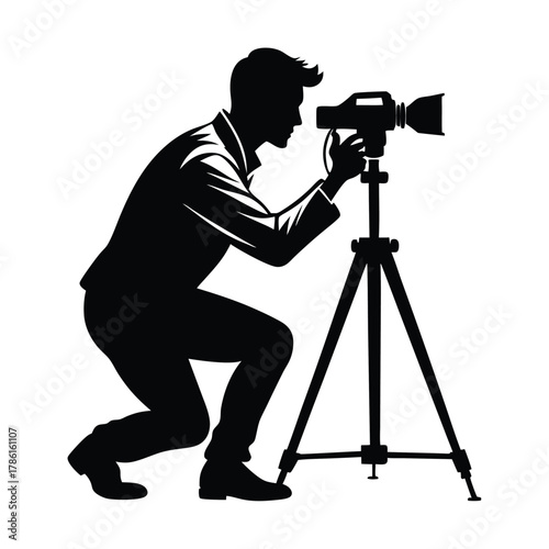 man taking photo using tripod black and white silhouette