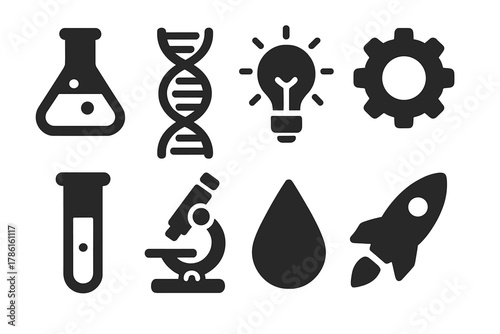 Innovation Icons Collection. Solid style icons of innovation: laboratory flask, DNA strand, lightbulb, gear, test tube, microscope