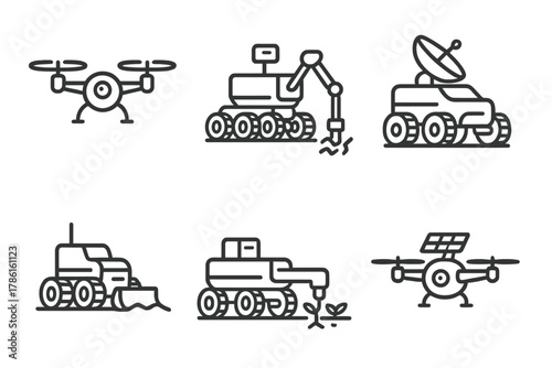 Terraforming Rover Icons. Line style icons of terraforming rover types: explorer drone, soil sampling robot, atmospheric analyzer