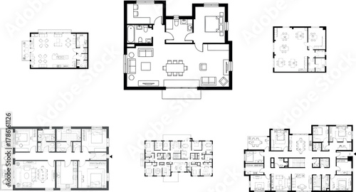 Collection of various floor plans and architectural blueprints