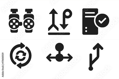 System Redundancy Icons. Solid style icons of system redundancy: dual engine icon, mirrored network path, backup layer symbol.