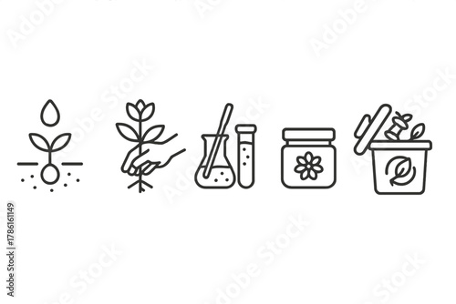 Biodegradable Life Cycle Icons. Line style icons of biodegradable product life cycle: seed-to-pigment icon, plant harvesting