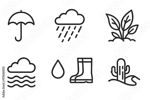 Monsoon and Sirocco Icons. Line style icons of Monsoon Season: Umbrella, Heavy Rain, Flooded Street, Lush Growth, Cloud, Raindrop,