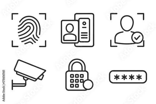 Biometric Security Icons. Line style icons of Biometric Security: Touch ID, Retina Recognition, Access Control, Identity