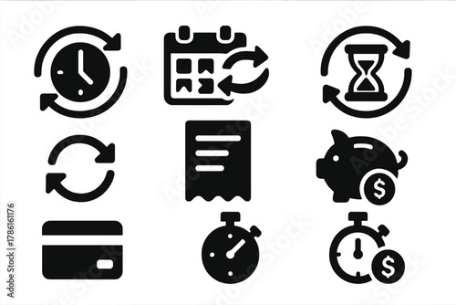 Time Exchange Icons. Solid style icons of time exchange: clock with arrows, calendar swap, token with hourglass, rotating arrows,