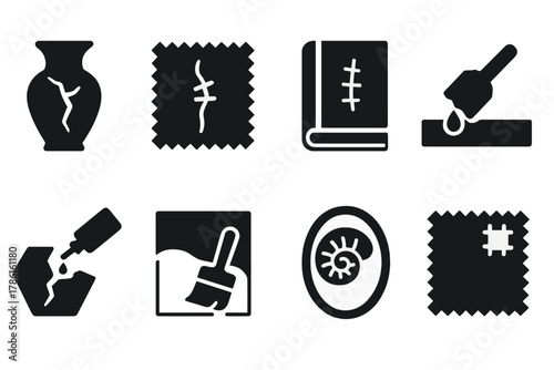 Restoration Icons Collection. Solid style icons of restoration process: cracked vase, stitched fabric, repaired book, filled crack