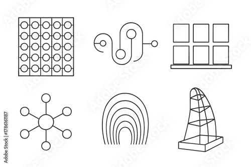 Sound Sculpture Blueprints. Line style icons of sound sculpture blueprints: tone grid sketch, acoustic pathway diagram, sound