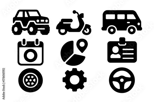 Adventure Vehicle Icons. Solid style icons of rental vehicles for adventure: offroad glyph, scooter icon, van badge. Reserve ring,
