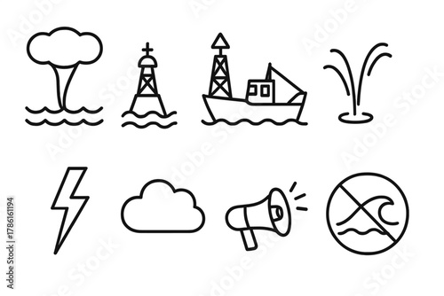 Waterspout Coastal Icons. Line style icons of Waterspout: Funnel over Sea, Coastal Buoy, Fishing Vessel, Water Spray, Lightning