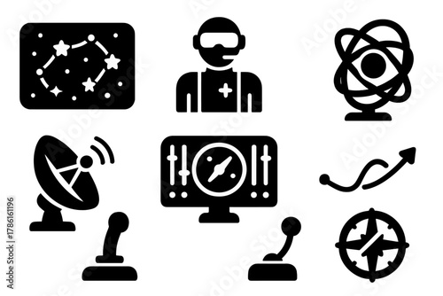 Space Navigation Icons. Solid style icons of Space Navigation: star map, autopilot system, gyroscope, radar dish, flight console,