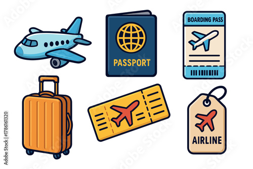 Travel essentials passport and boarding pass. Set of 6 vector illustration