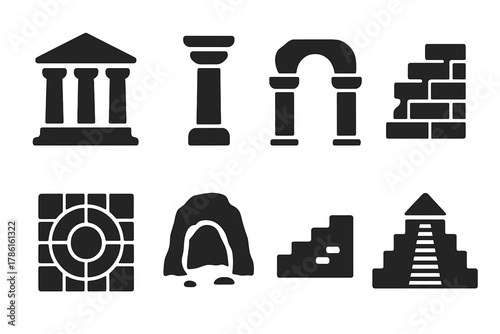 Ancient Ruins Icons. Solid style icons of ancient ruins: temple, column, archway, wall fragment, mosaic, cave, stone steps,