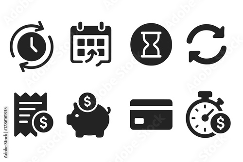 Time Exchange Icons. Solid style icons of time exchange: clock with arrows, calendar swap, token with hourglass, rotating arrows,
