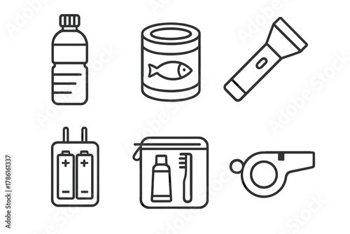 Emergency Supply Icons. Line style icons of emergency supply items: water bottle icon, canned food symbol, flashlight icon,