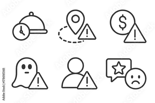 Ghost Kitchen Icons. Line style icons of ghost kitchen challenges: food delay icon, delivery radius warning, platform fee symbol,