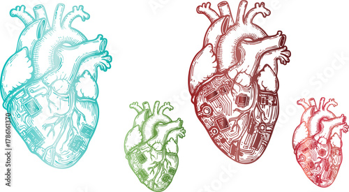 Anatomical hearts in vibrant colors showcase love and health on a dark background