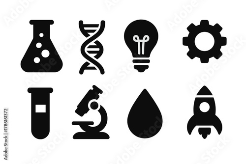 Innovation Icons Collection. Solid style icons of innovation: laboratory flask, DNA strand, lightbulb, gear, test tube, microscope