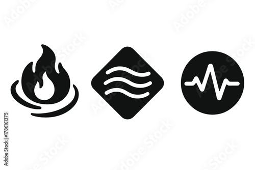 Kinetic Energy Icons. Solid style icons of performance energy trace: aura motion loop, kinetic NFT wave, flow signal badge.