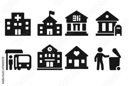 Public Service Icons. Solid style icons of Public Services: hospital, school, library, post office, bus stop, city hall, community