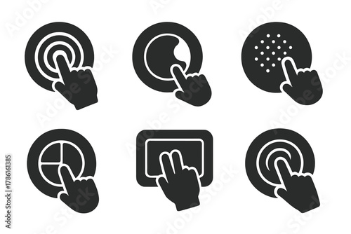 Interactive Dining Icons. Solid style icons of interactive dishes: dish with ripple button, press-to-taste icon, poke-activated