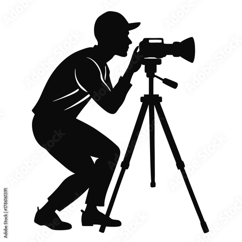 man taking photo using tripod black and white silhouette