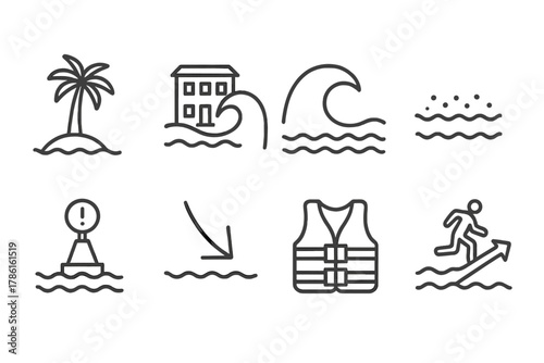 Tsunami Safety Icons. Line style icons of Tsunami Coastal Area: Palm Tree, Coastal Building, Wave, Inundation Zone, Warning Buoy,