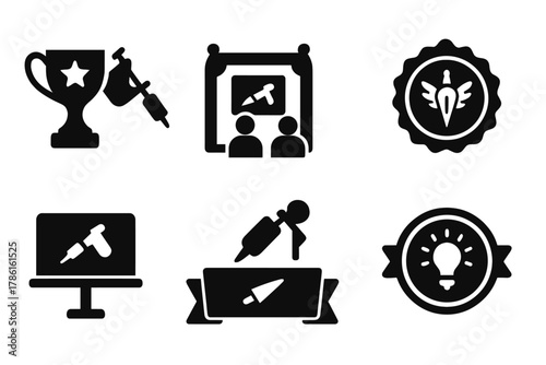 Tattoo Contest Icons. Solid style icons of tattoo contests and showcases: digital ink trophy, AI ink gallery icon, best design