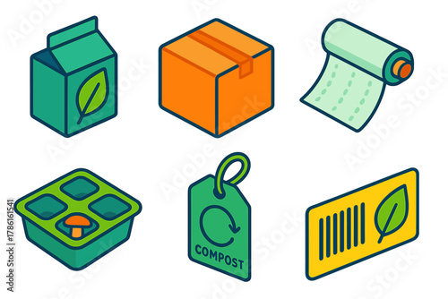 Eco Packaging Icons. Isometric vector illustration set Climate action – eco-friendly packaging, corrugated box, biodegradable wrap