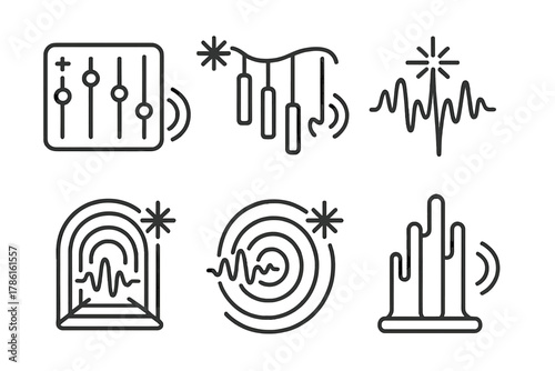 Fusion of Light and Sound. Line style icons of light and sound fusion: light-reactive tone panel, glowing chime path, pulse beam