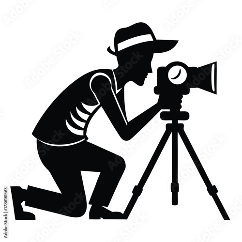 man taking photo using tripod black and white silhouette