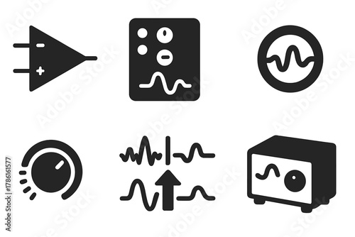 Signal Amplifier Icons. Solid style icons of signal amplifiers and filters: op-amp icon, bandpass module, analog filter ring.