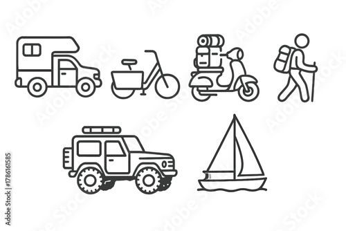 Nomadic Transport Icons. Line style icons of transport modes for nomads: camper truck, cargo bicycle, scooter with gear, 4x4
