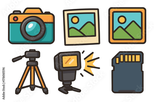 Essential equipment for capturing beautiful moments outdoors. Set of 6 vector illustration