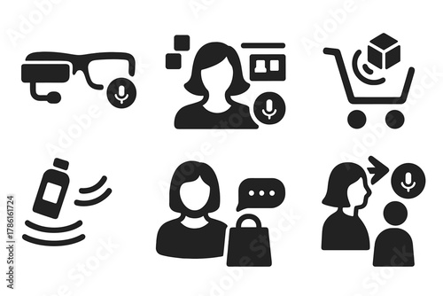 Voice-AR Retail Icons. Solid style icons of voice and AR combo in retail: AR glasses with microphone, voice-guided AR overlay,