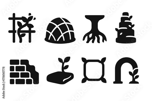 Adaptive Growth Architecture. Solid style icons of adaptive growth architecture: vine growing over scaffold, shape-shifting dome,