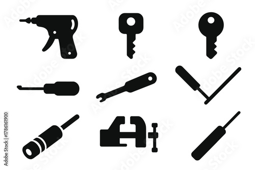 Locksmith Tools Icons. Solid style icons of Locksmith Tools: lock pick gun, key blank, depth key, plug spinner, decoder tool,