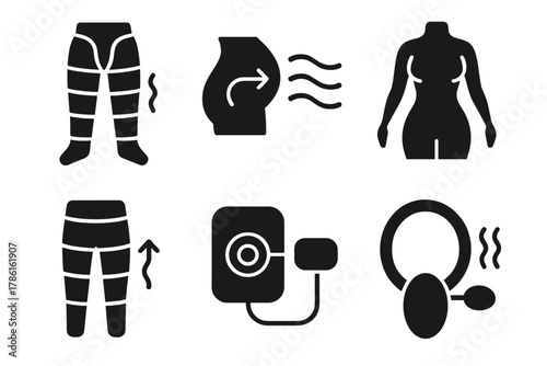 Pneumatic Sculpting Icons. Solid style icons of pneumatic body sculpting: air pressure suit, body compression wave, sculpted