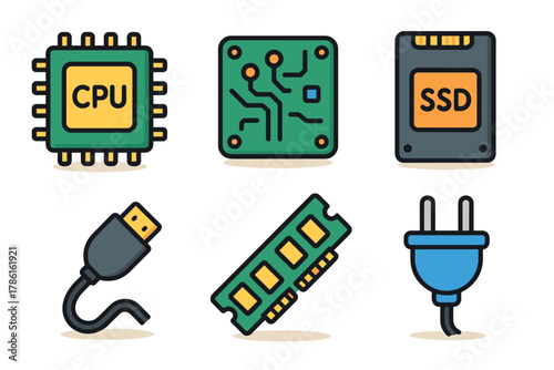 Technology components for electronic devices including CPU and SSD. Set of 6 vector illustration