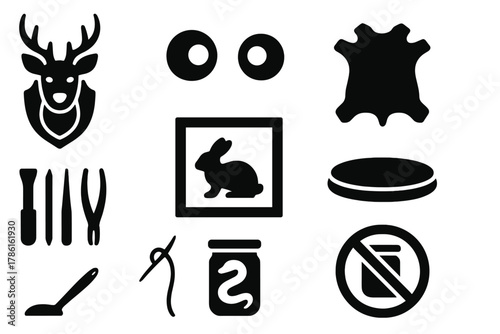 Taxidermy Essential Icons. Solid style icons of Taxidermy: form mount, glass eyes, animal hide, delicate tools, specimen frame,