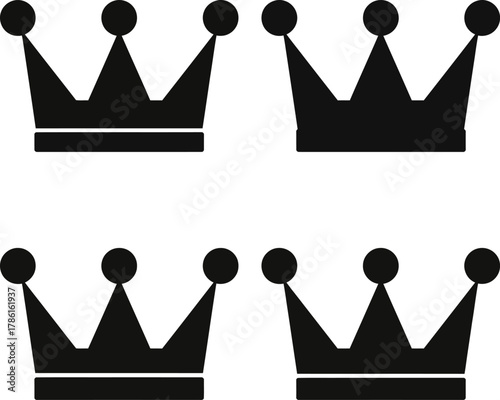 Four black crown illustrations arranged in a symmetrical pattern, representing royalty.