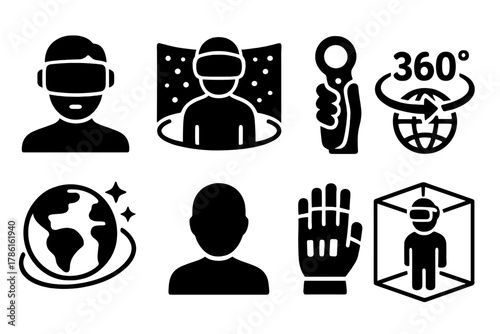 Virtual Reality Icons. Solid style icons of Virtual Reality: VR headset, immersive environment, motion controller, 360 view,