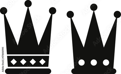 Two stylized black crowns, one adorned with diamond shapes and the other with circular dots, presented in a clean, graphic style against a white background.