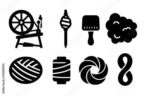 Yarn Production Icons. Solid style icons of Yarn Production: spinning wheel, drop spindle, carding brush, wool fleece, yarn skein,