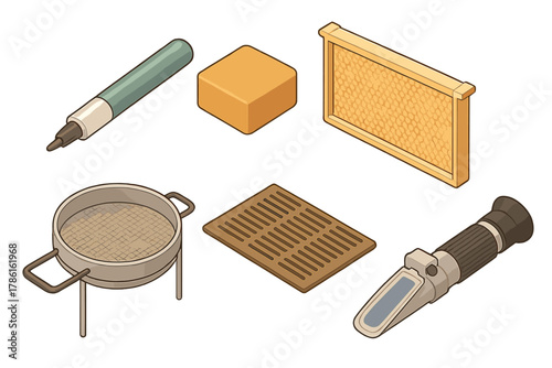 Isometric Beekeeping Tools. Isometric vector illustration set Beekeeping tools: queen marking pen, pollen patty block, plastic